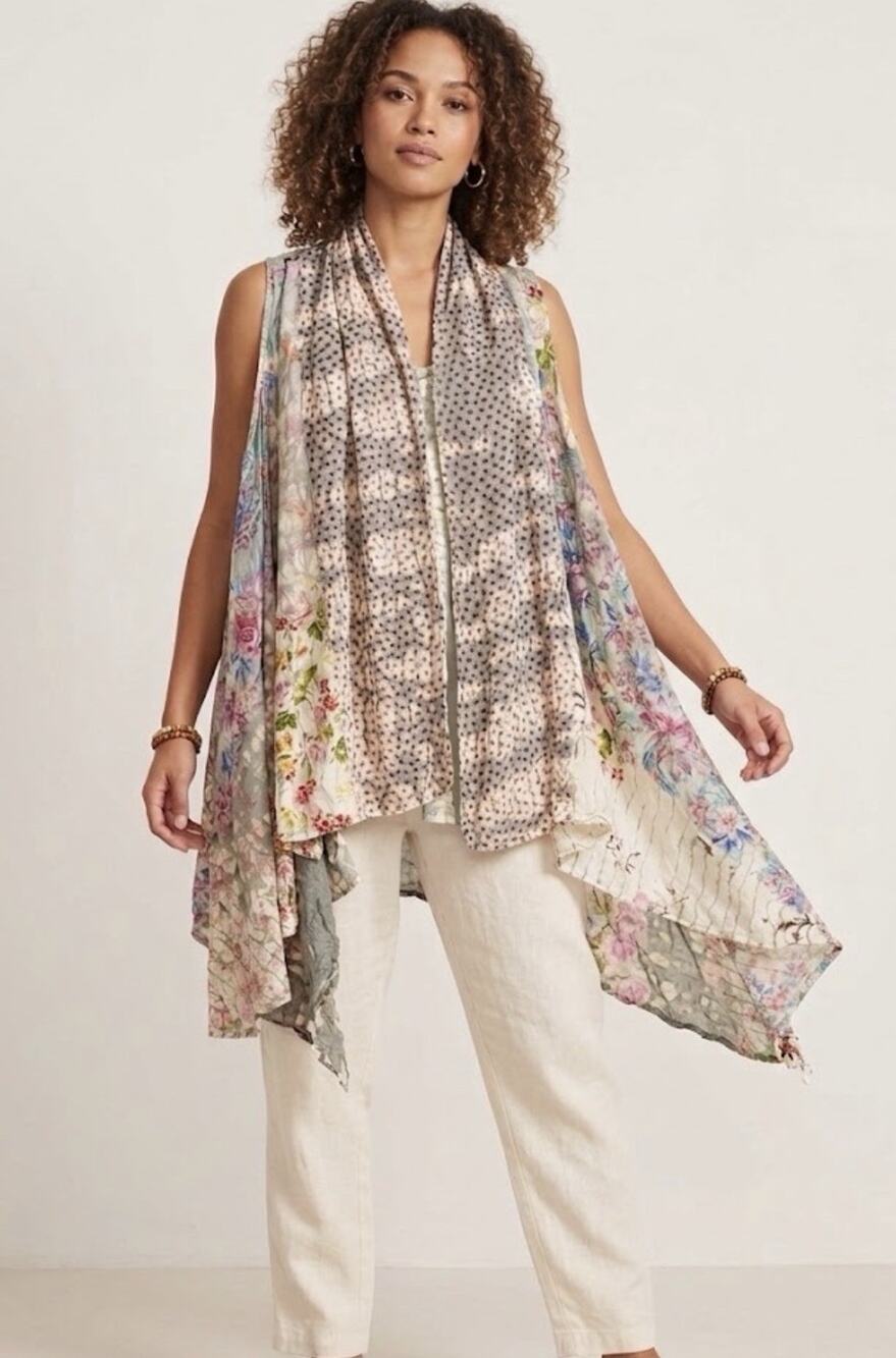Women’s Floral Patchwork Kimono Duster Vest Cover Up Boho Hippie Size L/XL NWT